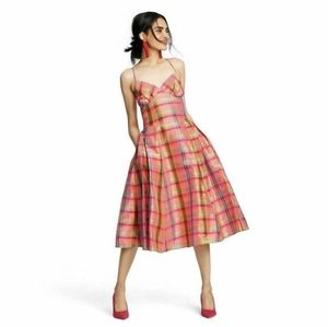 ❤HP❤ Isaac Mizrahi Fuchsia Orange Plaid Midi Silk Dress !🏵HP🏵!